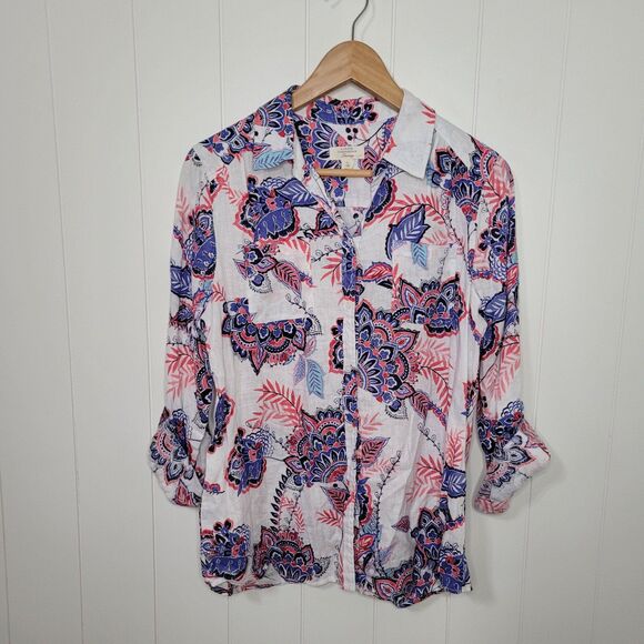 Charter Club Linen Top Womens Size Medium Floral Button Up Long Sleeve - Picture 1 of 6